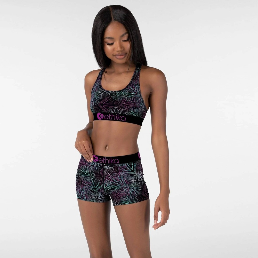 Ethika‎ Women's Black Purple Geometric Tribal Upscale Boy Shorts Size Small